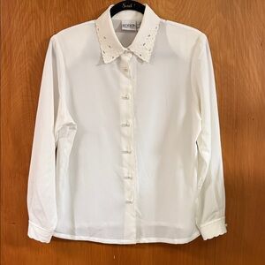 Perfect Vintage Ivory Lace Detailed Collar Blouse with Pearl Accents